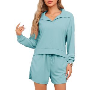 Waffle Knit Top and Shorts Long Sleeve Pajama Set with Pockets Green